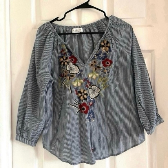 Velvet by Graham cotton breathable chambray embroidered stripes top - Picture 4 of 6